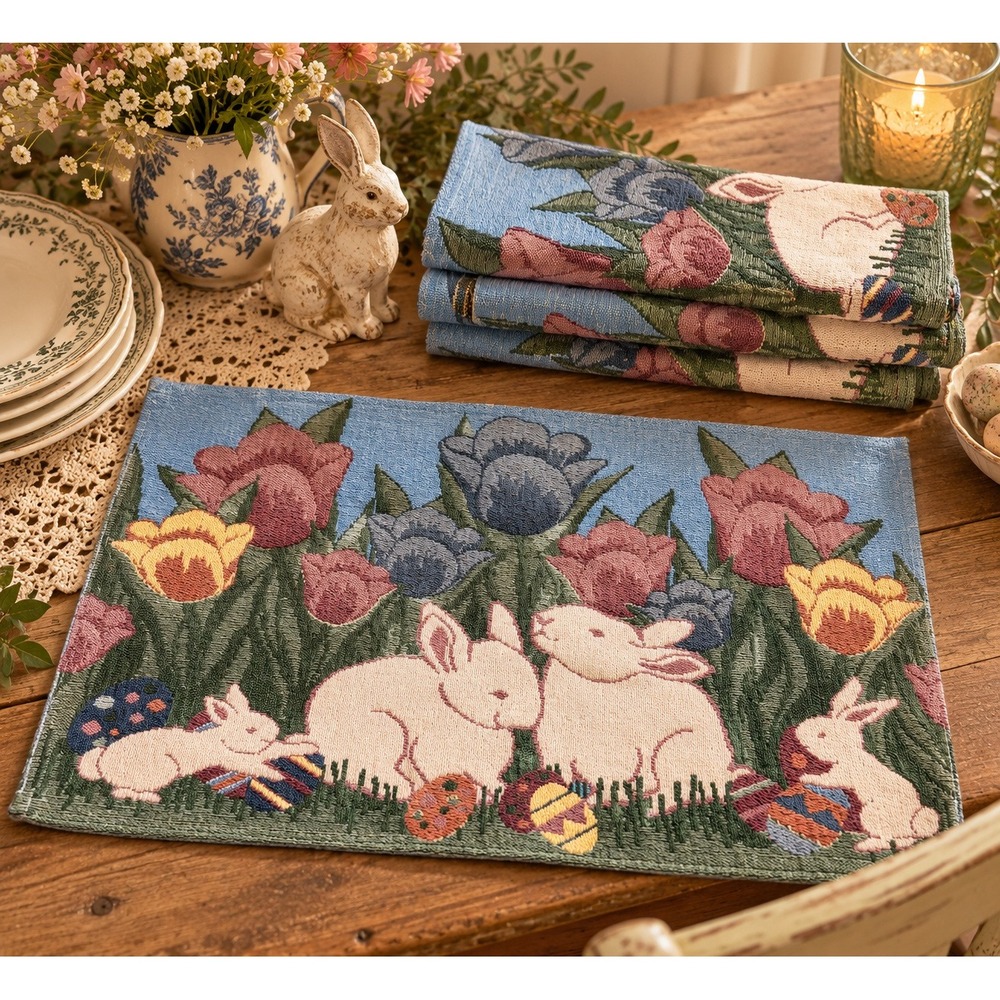 Vintage Easter Bunny Rabbits 4 Placemats Spring Tulip Floral Grannycore Cottage